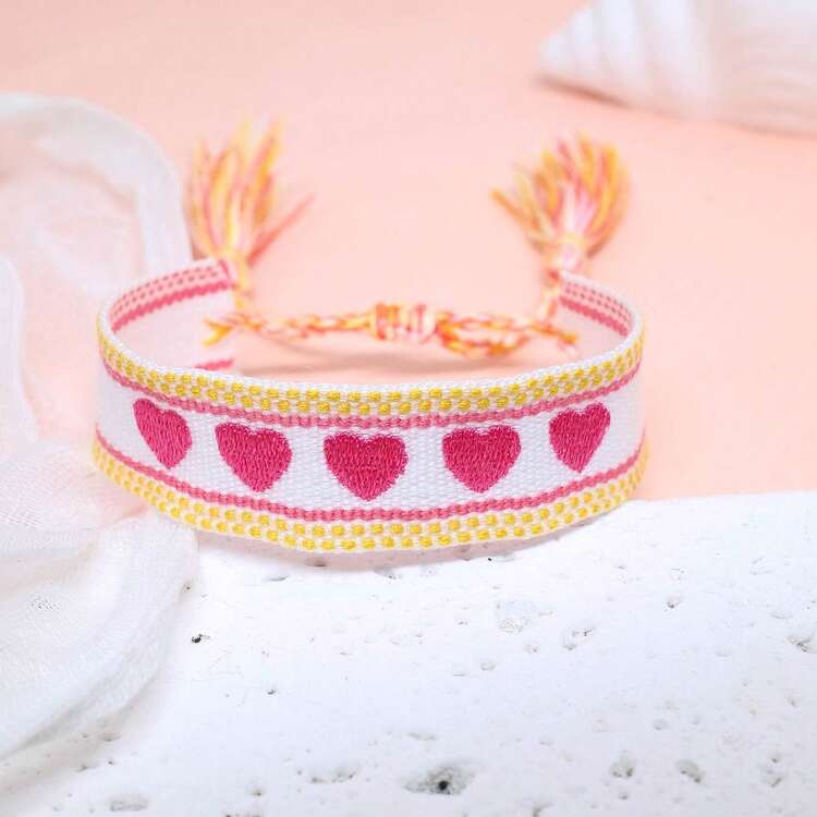 1pc Handmade Crochet Pink Heart Bracelet, Vintage Romantic Bohemian Style, Suitable For Holidays, Weddings, Gifts - love - View 8