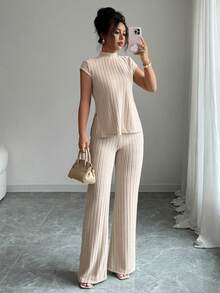 女士简约休闲两件套，罗纹面料女士日常居家休闲裤两件套 - 淺杏色 - 查看 5