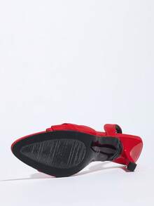 Women's Pleated Knot Decor Pointed Toe Elastic Strap High Heel Sandals, Elegant For Party, Daily Wear, Gathering, Festival, Commuting, Spring/Summer, Fashion Red Satin High Heel Sandals, Suitable For Dresses, Gowns, Weddings - Red - View 8