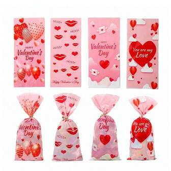 50 piezas Bolsas de regalo surtidas para el Día de San Valentín con corazones y labios rojos para snacks, dulces y chocolates, recuerdos de fiesta, almacenamiento de dulces, tema romántico, empaque temático, material ligero, cierre conveniente, bolsas de regalo, regalos de San Valentín, evento