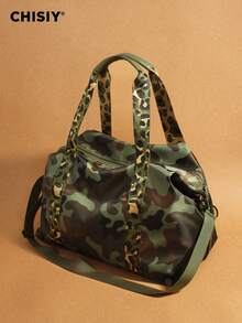 Original New Product Camouflage Green Tote Bag, Color Contrasting Splicing Large Capacity Handbag, Sports Bag, Fitness Bag, Travel Bag, Halloween Christmas Gift Suitable For Work, Vacation, Travel, Shopping, Daily Party Activities, Music Festivals, Autumn And Winter Collection - ngụy trang màu xanh lá cây - Xem 3
