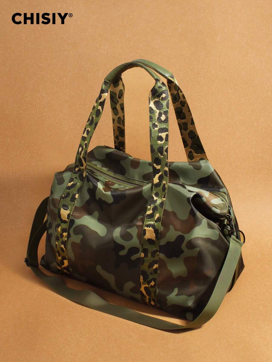 Original New Product Camouflage Green Tote Bag, Color Contrasting Splicing Large Capacity Handbag, Sports Bag, Fitness Bag, Travel Bag, Halloween Christmas Gift Suitable For Work, Vacation, Travel, Shopping, Daily Party Activities, Music Festivals, Autumn And Winter Collection - 迷彩綠 - 查看 1