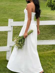 Đầm phù dâu cúp ngực ôm sát, đầm maxi chữ A thanh lịch, đầm dự tiệc tối, đầm tốt nghiệp, phù hợp cho đám cưới, mùa xuân/hè, phong cách bohemian, lễ hội âm nhạc, tựu trường, mùa cưới. - Trắng Lớn - Xem 5