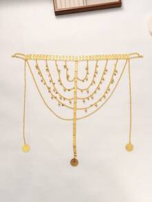 Herseygold 1件库尔德土耳其新娘首饰镀金流苏头饰，中东阿拉伯女性奢华头链，婚礼节日配饰 - 金色 - 查看 2