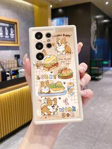 1pc Cute Puppy Eating Burger Shockproof Phone Case, UV Printed For Samsung/Galaxy/Infinix/Redmi/OPPO/VIVO/Realme Android Models - Beige - View 3
