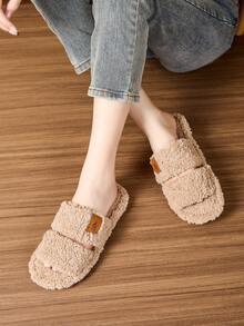 Papuci pufoși cu căptușeală termică, din material textil, culoare solidă, noi, pentru femei, pentru casă, primăvară/toamnă - Kaki - Vizualizare 2