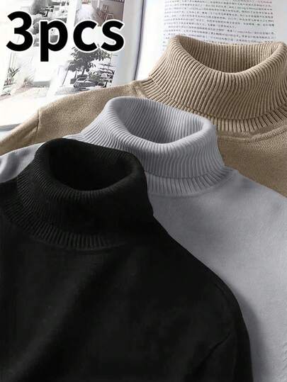 3 piezas Suéteres casuales y deportivos para hombres, con forro térmico, cuello alto, ajuste slim, aptos para el hogar y actividades al aire libre, pueden ser regalados a parejas, material 100% poliéster, disponibles en varios colores