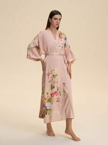 Elegant Vintage Loose Mid-Length Kimono Cover Up, Casual Homewear Robe With Tie Belt, Lightweight Summer Beach Swimsuit Cover Up Pink Spring - Pink - View 4