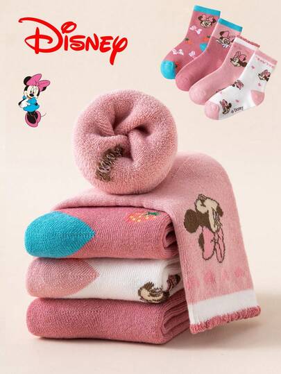 Disney 8/4 双正品儿童袜子，可爱卡通米妮图案，加厚保暖毛巾袜，适合女孩，韩版卡通袜子，适合男孩冬季穿着，透气婴儿及学生袜，地板袜