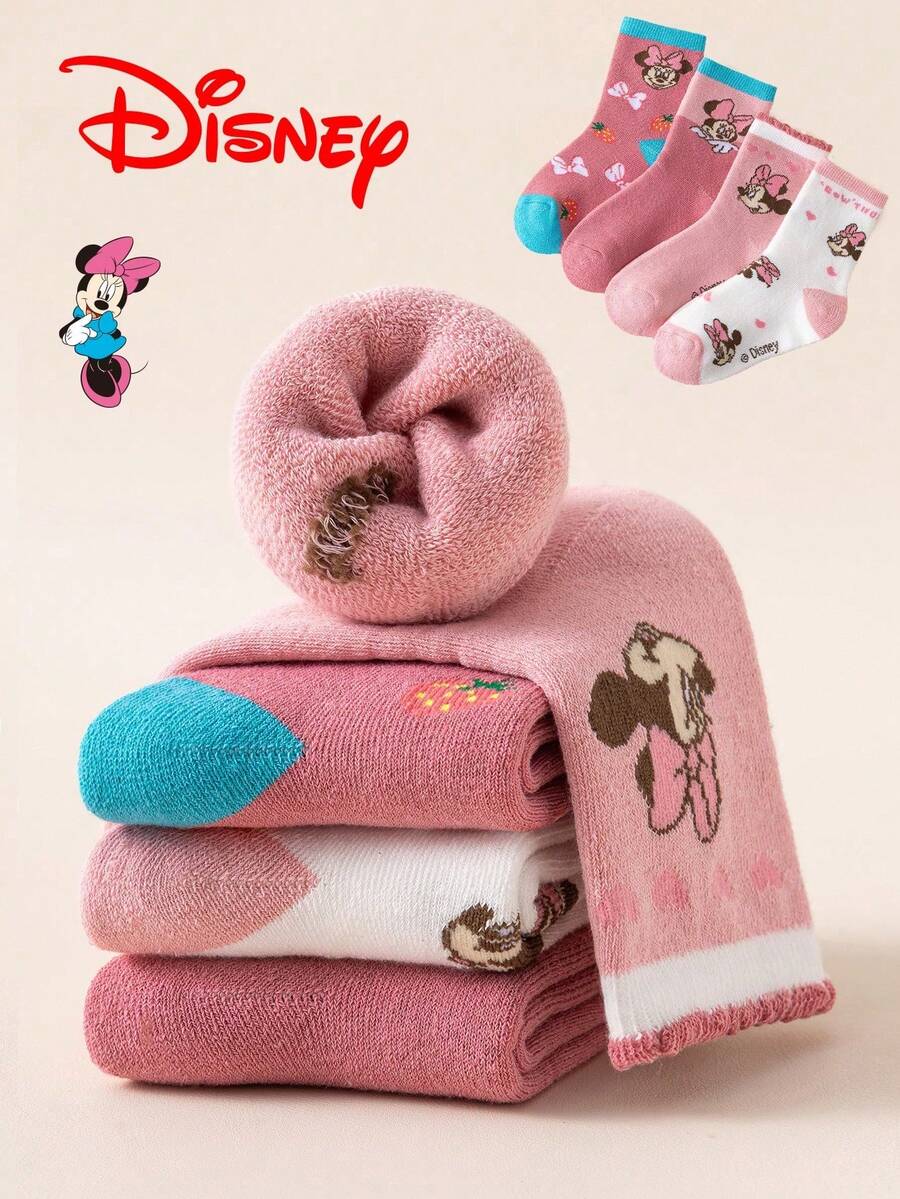 Disney 8/4 双正品儿童袜子，可爱卡通米妮图案，加厚保暖毛巾袜，适合女孩，韩版卡通袜子，适合男孩冬季穿着，透气婴儿及学生袜，地板袜