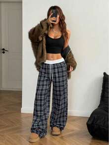 Classic Plaid Contrast Color Waistband Drawstring Straight Leg Loose Pants, Lightweight, Casual, Suitable For Spring/Summer, Can Be Worn Outdoors - Multicolor - View 4