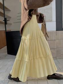 2025秋冬新款高腰A字伞裙，针织面料，修饰梨形身材，休闲伞裙，春季款 - 黃色 - 查看 7