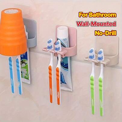 1 Giá đựng bàn chải đánh răng và kem đánh răng treo tường không cần khoan, không cần keo - Dụng cụ sắp xếp đồ dùng phòng tắm tiết kiệm không gian, thích hợp cho mặt bàn/bồn tắm/khu vực vòi sen, chất liệu nhựa.