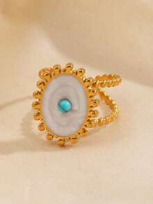 1 Peça Anel Geométrico Oval Branco de Óleo Gotejante de Aço Inoxidável, Adequado para Uso Diário de Mulheres - Multicolorido - Visão 3