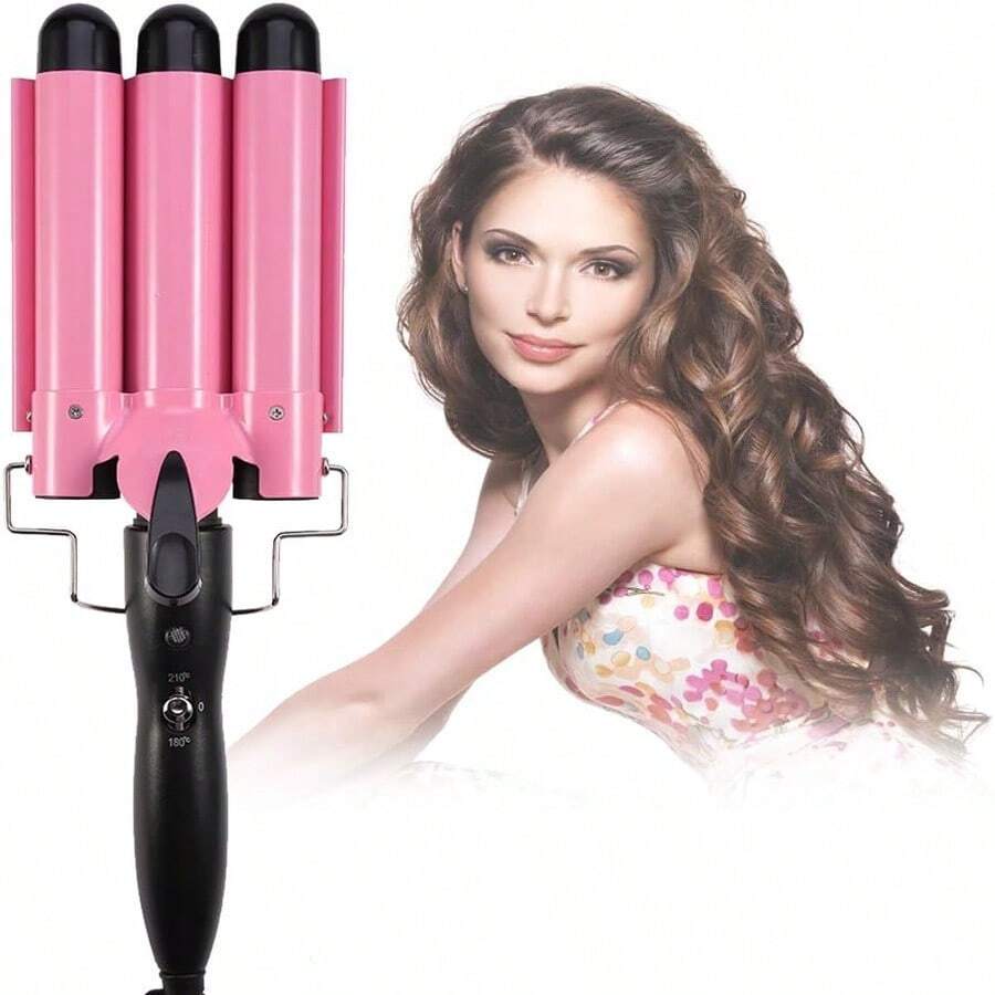 Portable Adjustable Temperature 3-Tube Hair Curler for Styling, 3 Ceramic Barrels, Iron Wave Wand, DIY Hair Tools - rosa - Ver 1