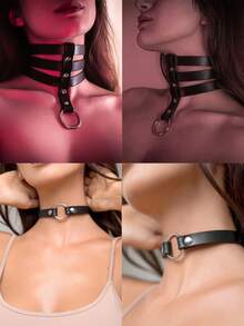 4pcs/2pcs/1pc Punk Gothic Style Necklace, Women's Lingerie Accessory, Adjustable Faux Leather Choker Necklace - Black - View 9