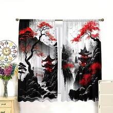 2pcs Set Red Floral Landscape Print Blackout Curtains - Rod Pocket Design For Privacy & Heat Insulation, Perfect For Bedroom And Living Room Decor, Machine Washable Polyester Drapes - Multicolor - View 7