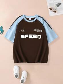 少女休闲“SPEED”字母印花圆领T恤，夏季休闲上衣，新款 - 彩色 - 查看 2