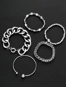 Bộ 5 vòng tay hạt cườm kiểu cổ điển tối giản, thiết kế hình đồng xu cũ, nhiều lớp, dạng dây xích dày, thích hợp cho hẹn hò, tiệc tùng, dạ hội, kỳ nghỉ, trang phục hàng ngày, quà tặng lễ hội cho phụ nữ. - Bạc - Xem 7