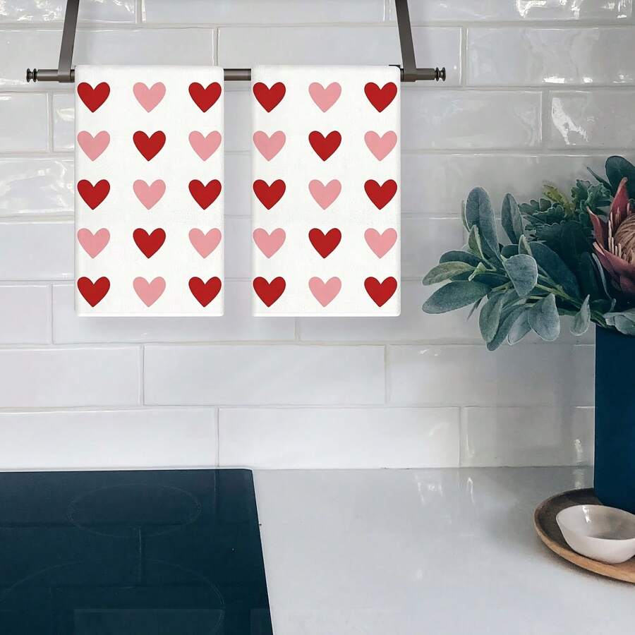2pcs Valentine's Day Kitchen Towels Red And Pink Heart-Shaped Love Valentine's Day Napkins, Country-Style Wedding Anniversary Hand Towels, Kitchen Decor - White - View 1