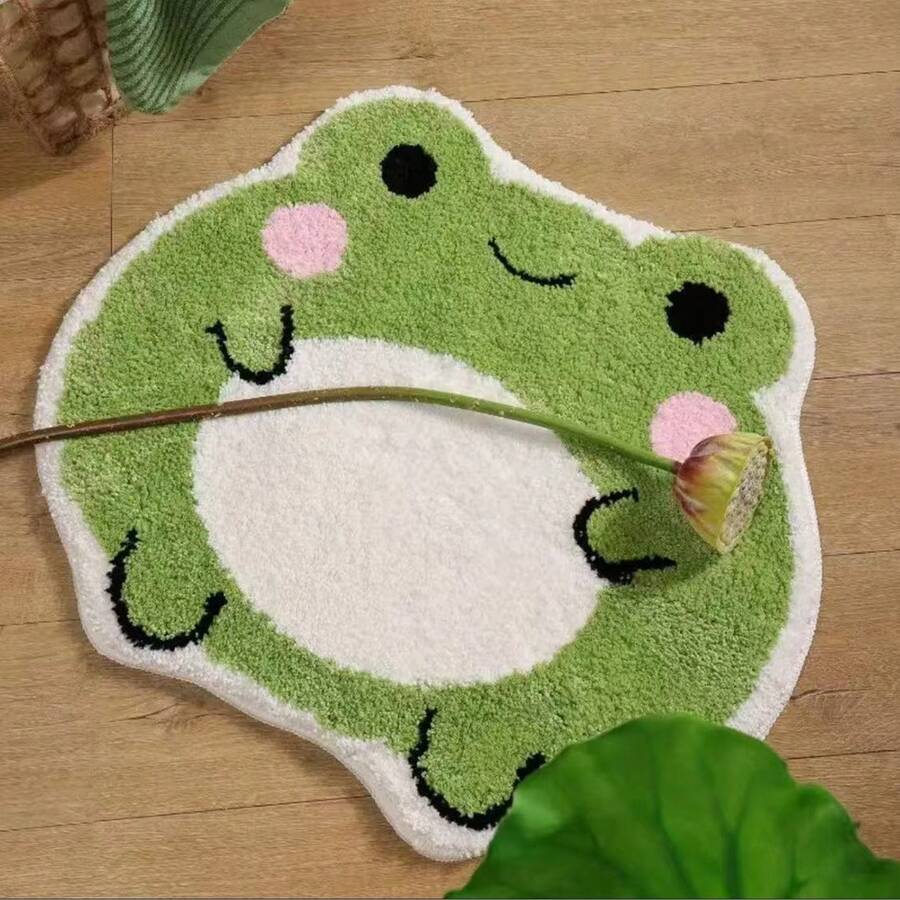 Thảm trải sàn bằng vải nhung hình ếch dễ thương - Mềm mại, chống trơn trượt, có thể giặt được, 100% polyester, thiết kế hoạt hình bất đối xứng màu xanh lá cây và trắng, thích hợp cho phòng ngủ, phòng khách, phòng tắm, tạo điểm nhấn ấm áp cho ngôi nhà, thảm có kết cấu mềm mại. - Nhiều màu - Xem 1