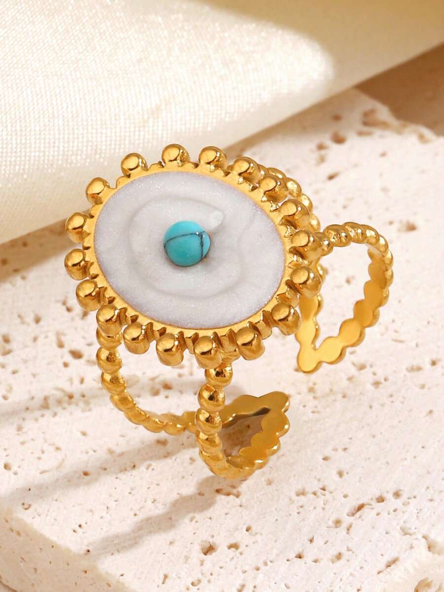 1 Peça Anel Geométrico Oval Branco de Óleo Gotejante de Aço Inoxidável, Adequado para Uso Diário de Mulheres - Multicolorido - Visão 1