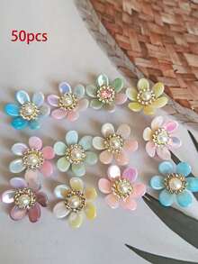 50 chiếc/túi, hoa 6 cánh nhiều màu sắc 20mm, nền vàng, đính ngọc trai và đá pha lê, hoa nhựa không lỗ, dùng để trang trí quần áo. - màu sắc - Xem 6