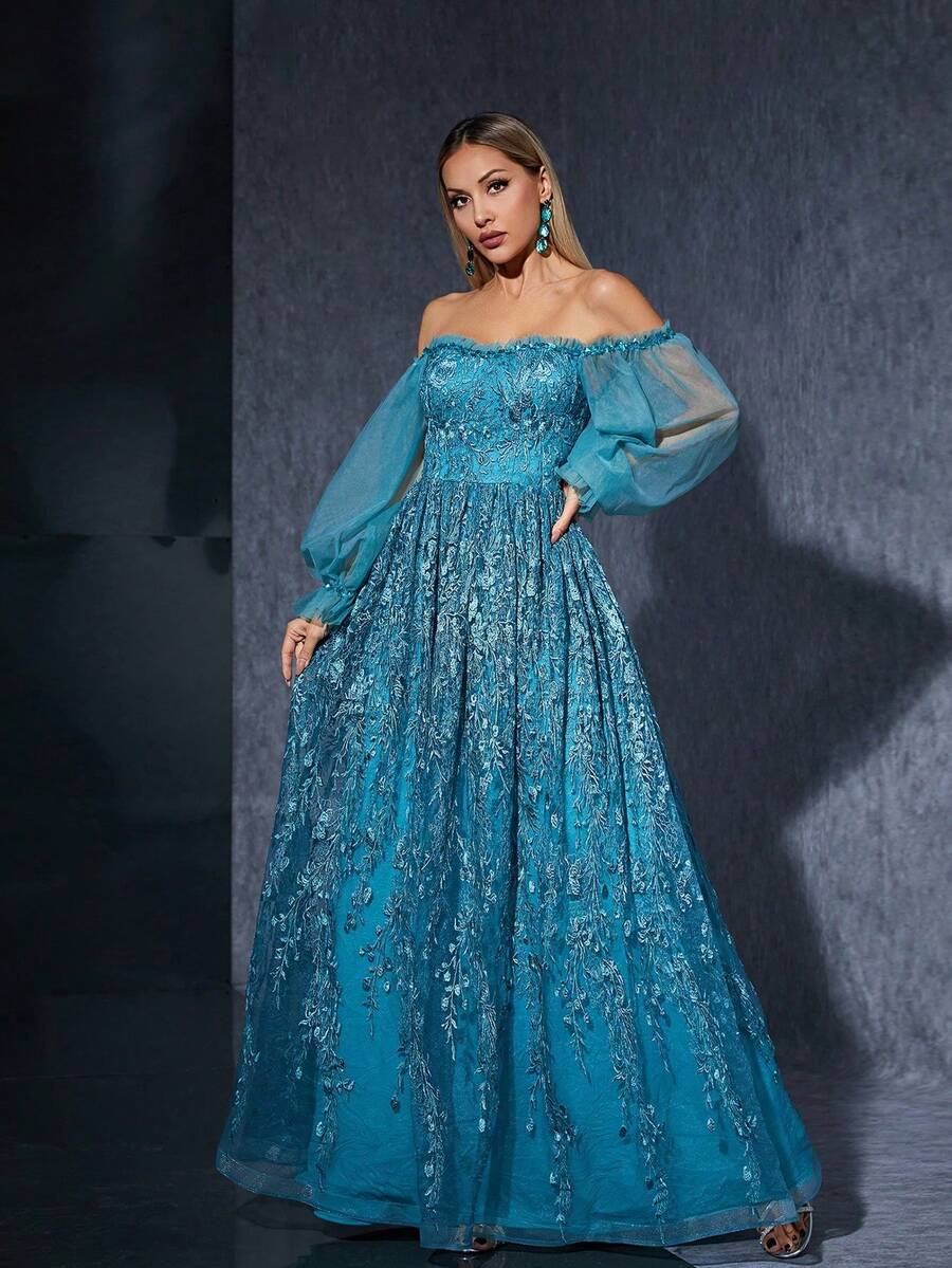 露肩亮片缎带饰边蕾丝灯笼袖刺绣长款连衣裙，绿色 - 綠色 - 查看 1