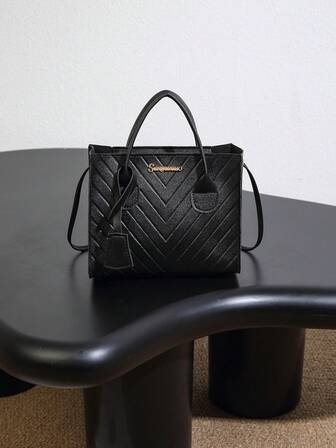 Fashionable Lightweight Black Herringbone Embossed Handbag & Shoulder Bag