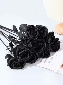 5/10支黑色和深红色人造玫瑰，哥特风格逼真仿真花，适合情人节和摄影 - 彩色 - 查看 2
