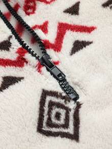 AHTELB 男士宽松抓绒印花卫衣，休闲半拉链立领长袖上衣，适合户外穿着 - 紅色 - 查看 5