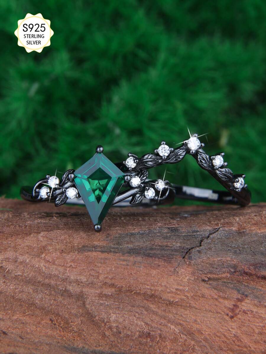 2 piezas Juego de anillos de plata esterlina S925 con esmeralda de laboratorio de 7*10mm y acentos de moissanita brillante, anillos de pareja elegantes y de moda, regalo ideal para el Día de San Valentín, Navidad, cumpleaños, vacaciones, propuesta de matrimonio - Negro - Ver 1