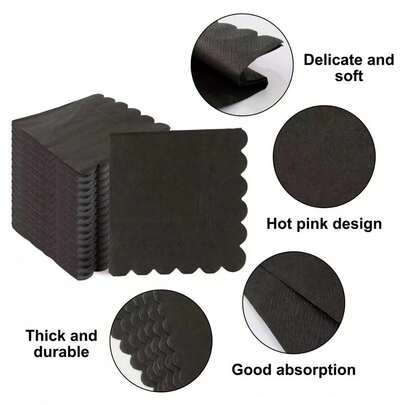 20pcs/Set, 40pcs/Set, 60pcs/Set Thick & Soft Wavy Edged Solid Black Napkins, 2-Ply, 32cm*32cm Opened, Suitable For Wedding, Tea Party, Birthday Party Decoration, Party Supplies, Holiday Decoration, Holiday Supplies