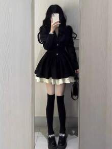 فستان أسود طويل الأكمام بطراز زي المدرسة الفرنسي القديم، مربوط الخصر بأزرار على شكل قلب، مناسب للتصوير الفوتوغرافي والتخرج وحفلات الأزياء وعيد الحب - متعدد الألوان - مشاهدة 2