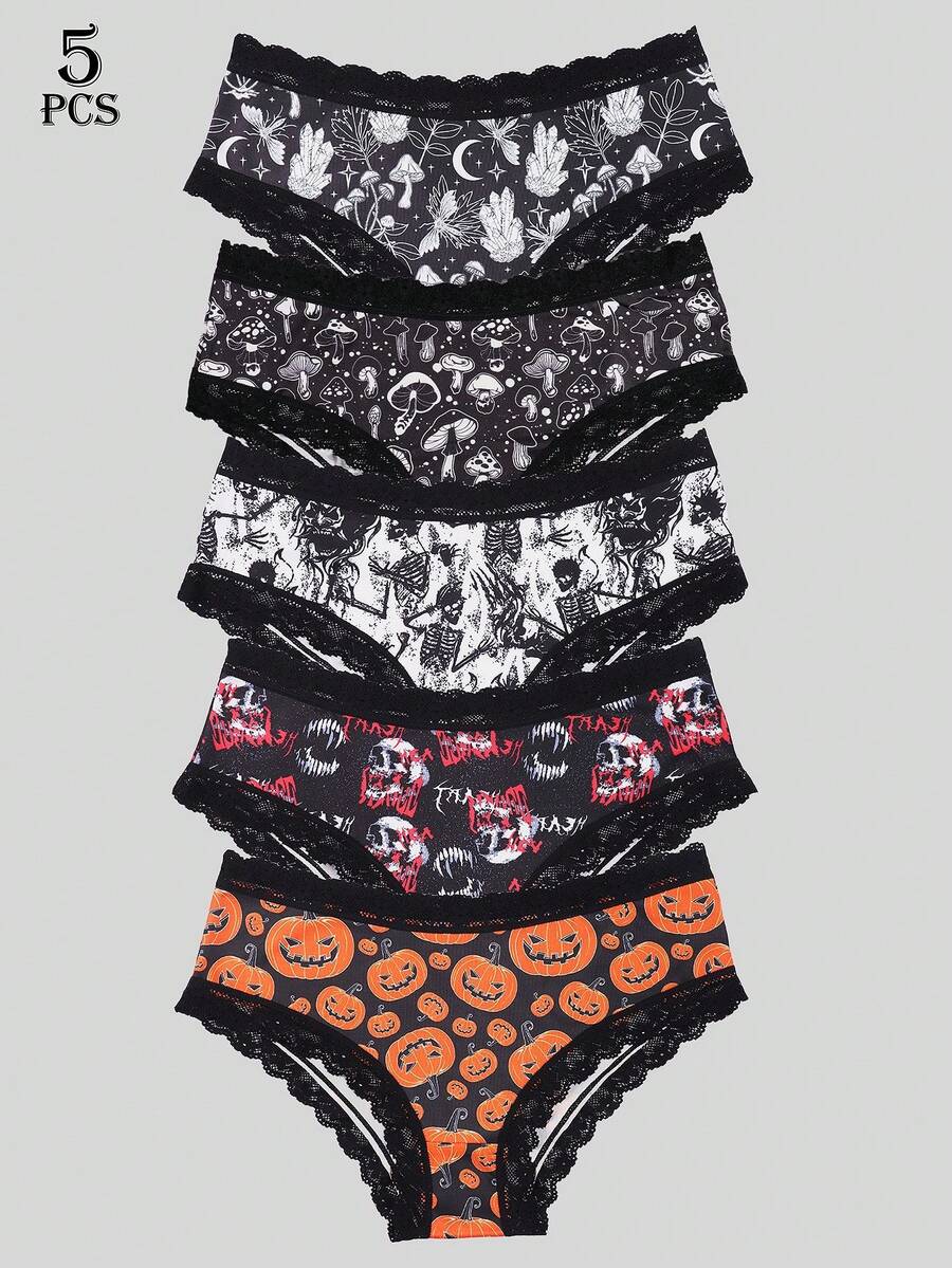 Dircho 5条装女士性感可爱哥特风撞色蕾丝比基尼内裤 - 蘑菇/手/骷髅印花，丝滑柔软舒适贴身内衣，弹力透气松紧腰轻盈日常内衣套装 - 彩色 - 查看 1