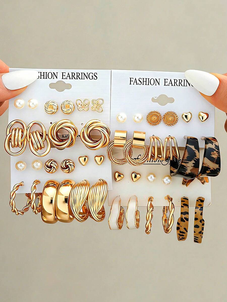 Bộ 46/22 bông tai kim loại mạ vàng sang trọng, cổ điển, phù hợp để đeo hàng ngày và dự tiệc. - Vàng - Xem 1