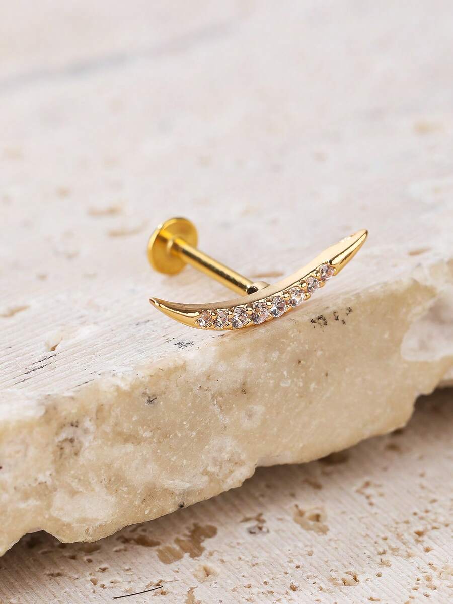 1 đôi bông tai đinh tán hình trăng khuyết đính kim cương bằng thép không gỉ, kiểu dáng tối giản thanh lịch, phù hợp cho nữ giới đeo hàng ngày. - Vàng - Xem 1