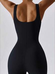 Sexy & Fashionable Versatile Square Neck Ribbed Jumpsuit, Suitable For Spring & Summer, Women's Romper, Summer Clothing Black - Black - View 4