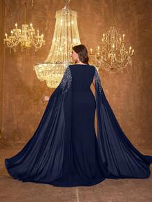 UNITHORSE 女士方领超长袖刺绣修身亚麻针织晚礼服 - 藏蓝色 - 查看 2