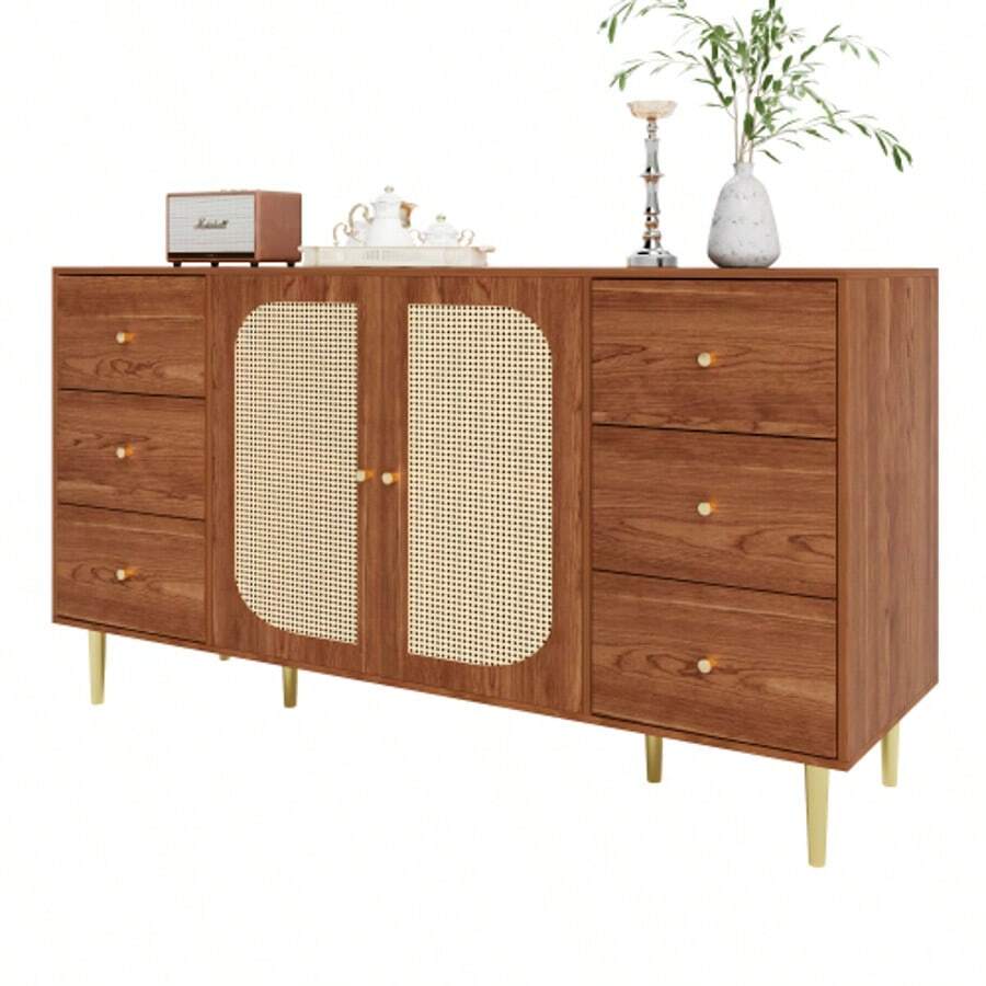 Sideboard, Rattan Sideboard, Storage Cabinet With Drawer, Freestanding Wooden Cabinet, Kitchen, Home, Living Room, Brown, 160 X 40 X 90 Cm - Natural Color - View 1