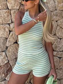 Conjunto de dos piezas de chaleco y pantalones cortos de punto a rayas verdes y bloques de color SEREN, nuevo para primavera y verano, adecuado para la temporada de vacaciones en la playa, festivales de música, conjunto de verano - Multicolor - Ver 1