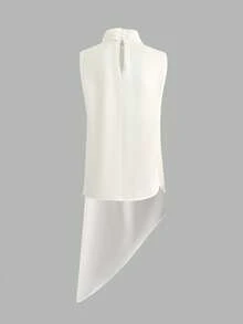 Women's Casual Elegant Fashion Versatile Solid Color High Neck Sleeveless Asymmetric Hem Ruched Design White Satin Blouse, Suitable For Spring And Summer - White - View 10