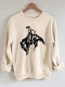 Women'S Oversized Cowboy Riding Horse Graphic Sweatshirt - Western-Themed Long Sleeve Pullover With Round Neck, Soft Warm Fabric For Fall Winter - 杏色 - 查看 1