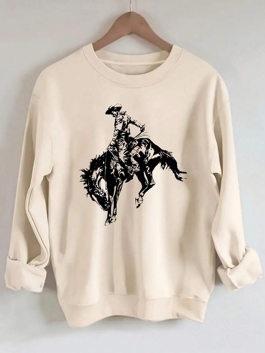 Women'S Oversized Cowboy Riding Horse Graphic Sweatshirt - Western-Themed Long Sleeve Pullover With Round Neck, Soft Warm Fabric For Fall Winter - 杏色 - 查看 1