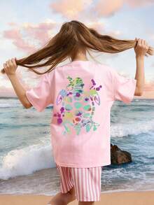 1pc Turtle Print Girls Pullover Short Sleeve T-Shirt, Student Young Girls Comfortable & Fashionable Summer Top - Pink - View 2
