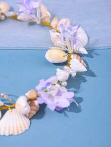 1件装手工花卉贝壳发箍，白色沙滩风发饰，适合春季户外聚会、新娘婚礼头饰、情人节配饰 - 淡紫色 - 查看 6