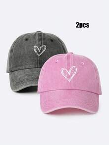 2pcs Embroidered Heart Washed Baseball Cap, Adjustable Couple Hats, Suitable For Spring/Autumn Travel, Beach, Casual Wear, Y2K Style Unisex Sun Hat - Baseball Cap - View 5