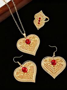 3件套金色镂空心形项链、戒指、耳环首饰套装，奢华中东风格，适合情人节和日常佩戴 - 金黃色 - 查看 5