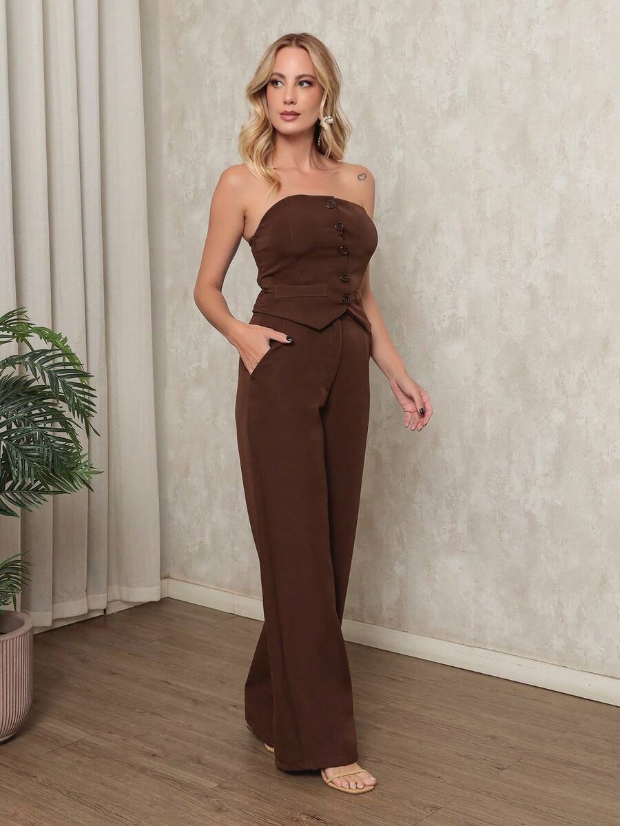 Tailored Set: Sensual Pants And Strapless Blouse With Buttons - Perfect For New Year's, Christmas, Summer, And Vacation - 咖啡棕 - 查看 1
