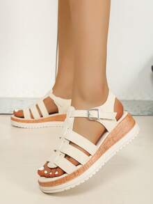 女士夏季新款复古木纹露趾罗马凉鞋，轻便舒适坡跟厚底镂空时尚凉鞋 - 米色 - 查看 4